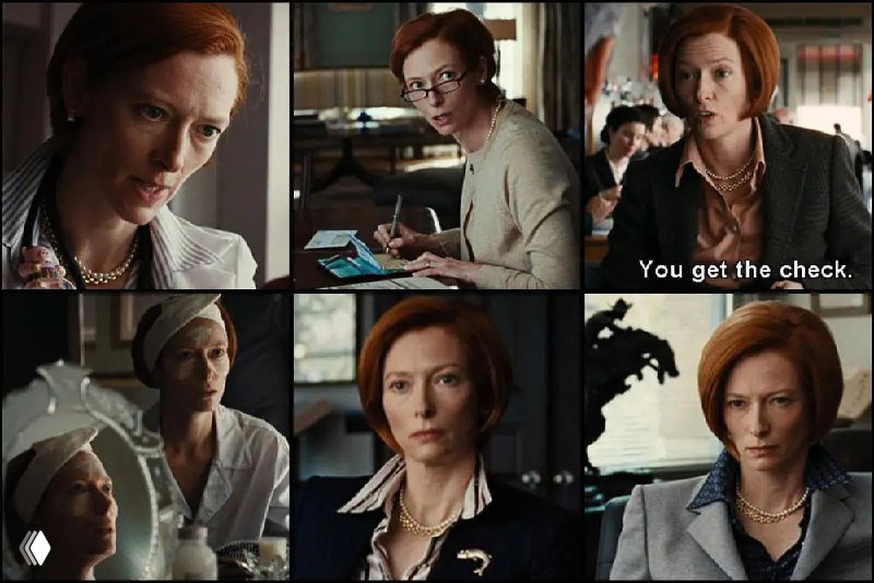 Коллаж с Тильдой Суинтон в разных ракурсах: деловой образ, холодная мимика и детали, подчёркивающие склонность персонажа к жадности.