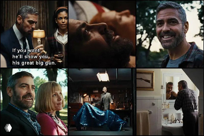 Кадры с Джорджем Клуни и другими персонажами: сцены с ухмылками и флиртом, намёки на роль любовника и тему похоти в сюжете.