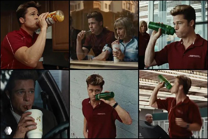 Коллаж с Бредом Питтом в роли напарника: бытовые сцены, неуклюжесть и комические моменты, подчёркивающие черты чревоугодия.