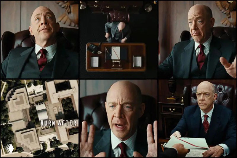 Коллаж с эпизодическими персонажами и сценами из фильма, включающими бюрократические и агентские моменты, намекающие на лень и абсурдность системы.