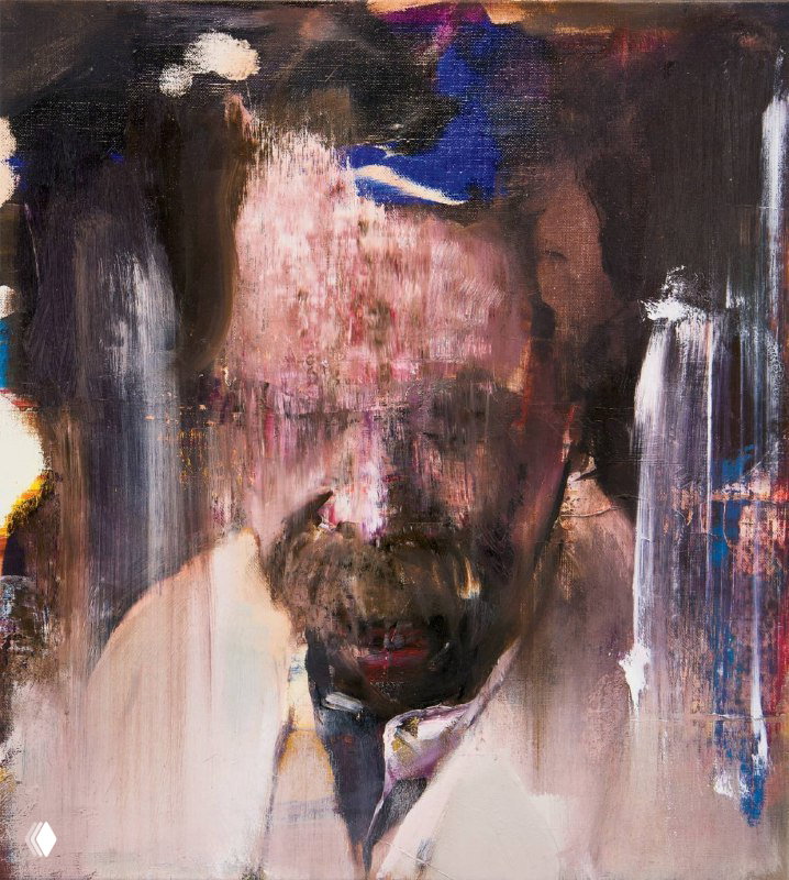 Искажённый портрет с грубыми мазками и размывами, лицо фрагментировано — характерный приём при создании экспрессивного ужаса.