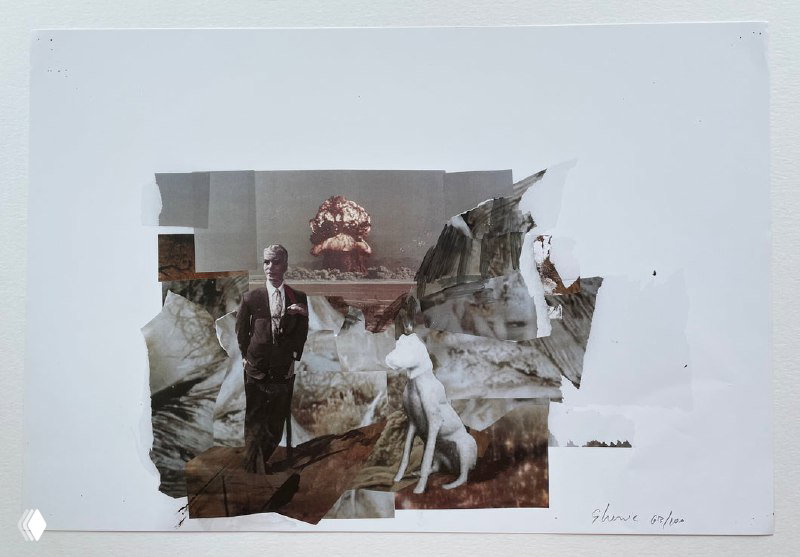 Коллажная композиция с фотографическими фрагментами на белом фоне: исторические мотивы и абстрактные вмешательства сочетаются.