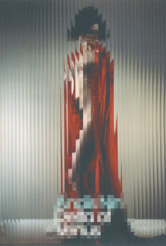 Авангардная обложка с пикселизацией и вертикальными полосами, фигура в красном платье; стилизация и метафора телесности и запрета в подборке.