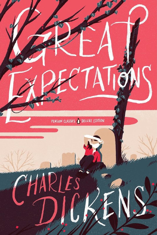 Обложка «Great Expectations»: пасторальная сцена с антропоморфными персонажами под деревом, мягкая палитра и минималистичная типографика.