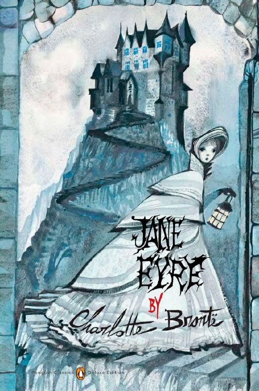 Обложка «Jane Eyre»: холодноватая водяная гамма, силуэт героини в платье на фоне замка, декоративный ретро‑стиль в адаптации для молодых читателей.