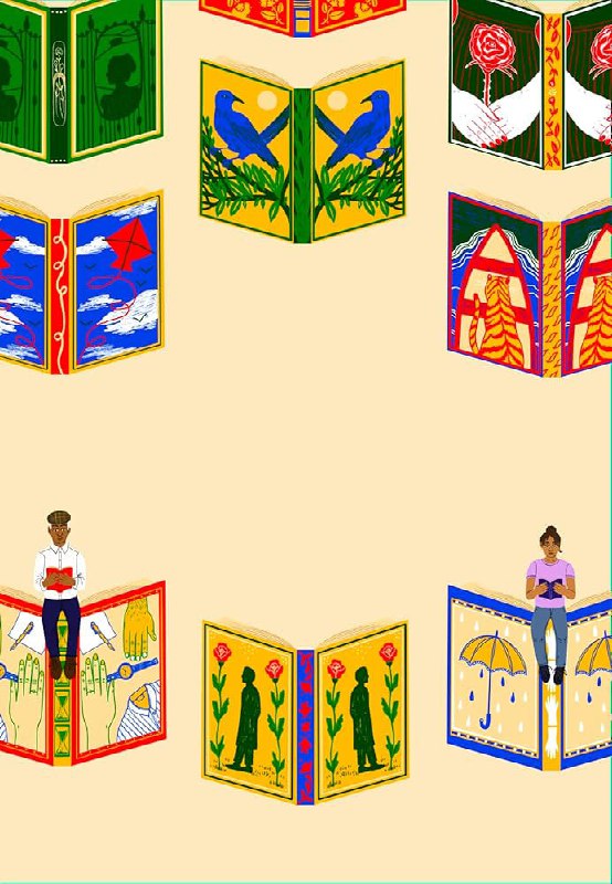 Иллюстративная обложка с рядам миниатюрных раскрытых книг и маленькими фигурками людей, читающих на фоне бежевого поля — игривая и уютная композиция.