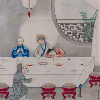 Китайская миниатюра XIX–XX вв.: несколько фигур у стола, персонажи в покое и сне, тонкая акварельная фактура и орнаментальная обстановка.