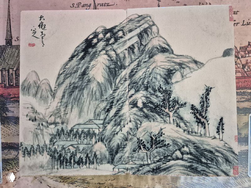 Разворот книги с живописной скалой и растительностью — плотная фактура туши и минеральные пятна на бумаге в стиле классических китайских пейзажей.