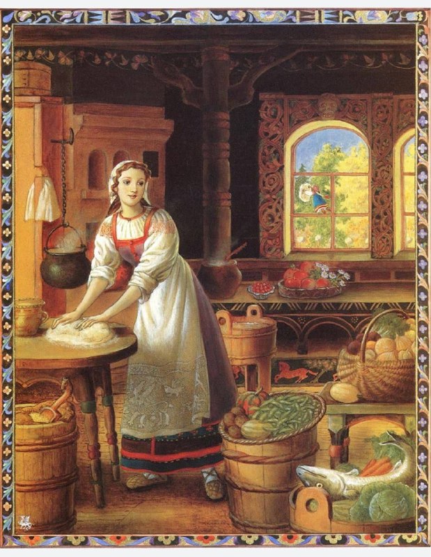 Иллюстрация интерьера русской избы: Василиса у печи среди сундуков и кухонной утвари, тёплые краски и детализированные бытовые предметы.