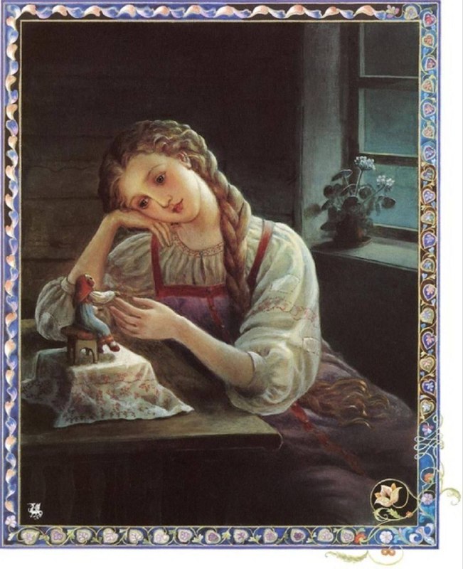 Портрет Василисы за рукоделием у окна: задумчивое выражение, мягкий свет, тонкая линия орнамента вокруг иллюстрации в японской манере.