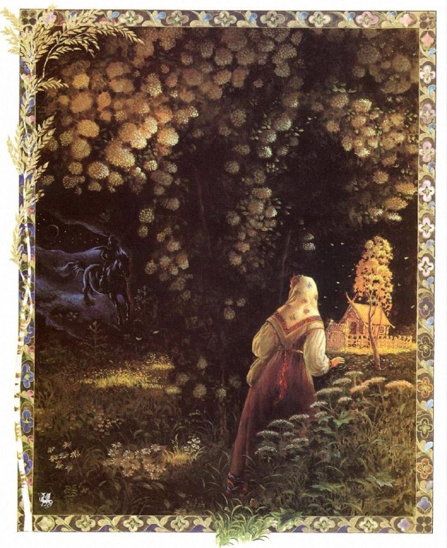 Сумеречная сцена: Василиса среди цветущих кустов на фоне освещённой часовни или домика, декоративный фоторамочный орнамент вокруг изображения.