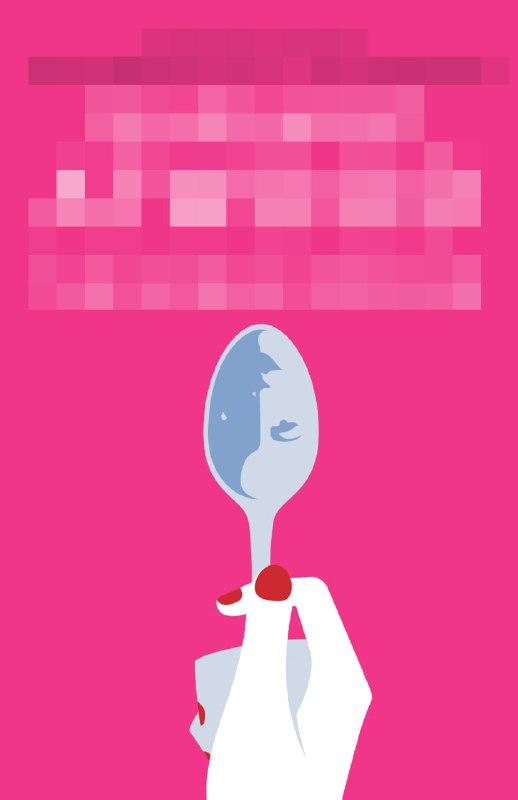 Ярко-розовая графическая обложка с силуэтом ложки и стилизованным десертом; лаконичный дизайн, где цвет и форма отсылают к сладостям и утрате одновременно.