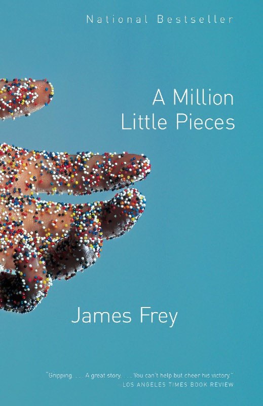 Обложка «A Million Little Pieces» Джеймс Фрей: крупный план пальцев, усыпанных разноцветными посыпками, на спокойном голубом фоне в минималистичном стиле.