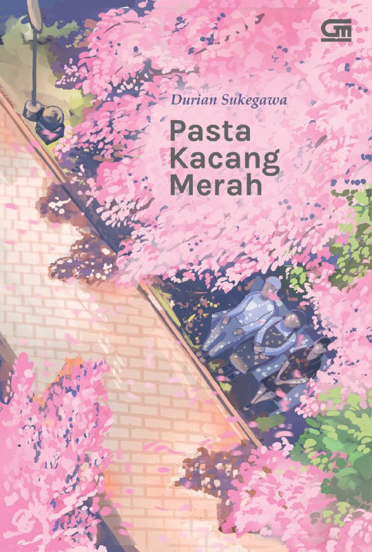 Обложка «Pasta Kacang Merah» Дуриан Сукегава: иллюстрация с розовой сакурой, мостиком и маленькими персонажами в пастельной гамме и милом художественном стиле.