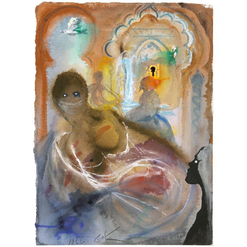 Мягкая акварельная сцена с восточными арками и фигурами на переднем плане — пример оформления «Сказок 1000 и 1 ночи» в коллекционных изданиях Folio Society.