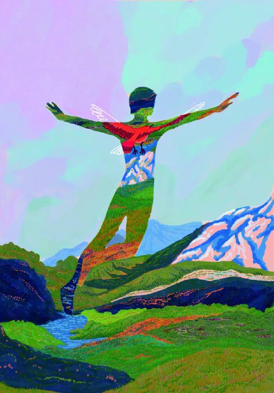 Яркая стилизованная фигурная композиция на фоне горного пейзажа — художественная иллюстрация к «Хроникам заводной птицы» Харуки Мураками в подарочном издании.