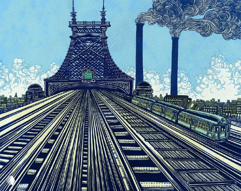 Детализированная линогравюра с видом на мост и индустриальный пейзаж — декоративная иллюстрация, подходящая для эстетики «Великого Гэтсби» в коллекции Folio Society.