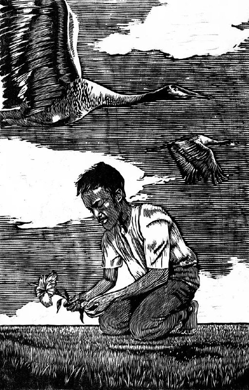 Контрастная чёрно-белая гравюра с морскими мотивами и фигурой вдалеке — стилистический фрагмент, подходящий к поэтическому сборнику «Гитанджали» Рабиндраната Тагора.