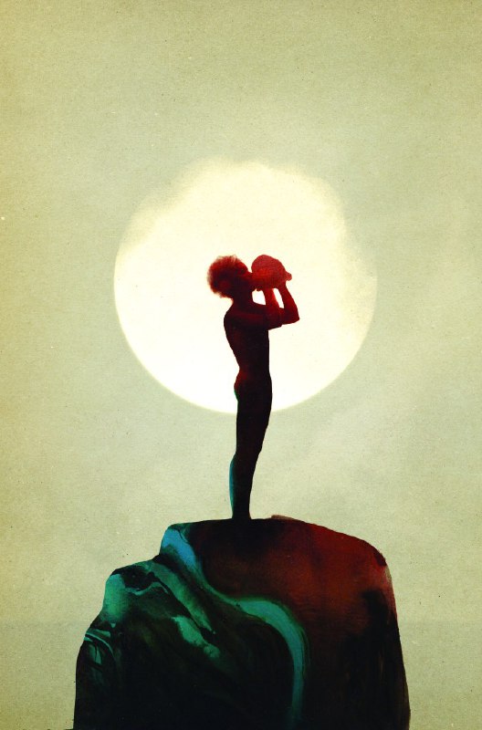 Чёрно-белая графическая сцена с мальчиком на берегу и пролетающими птицами — мрачная, метафорическая иллюстрация к «Повелителю мух» Уильяма Голдинга.