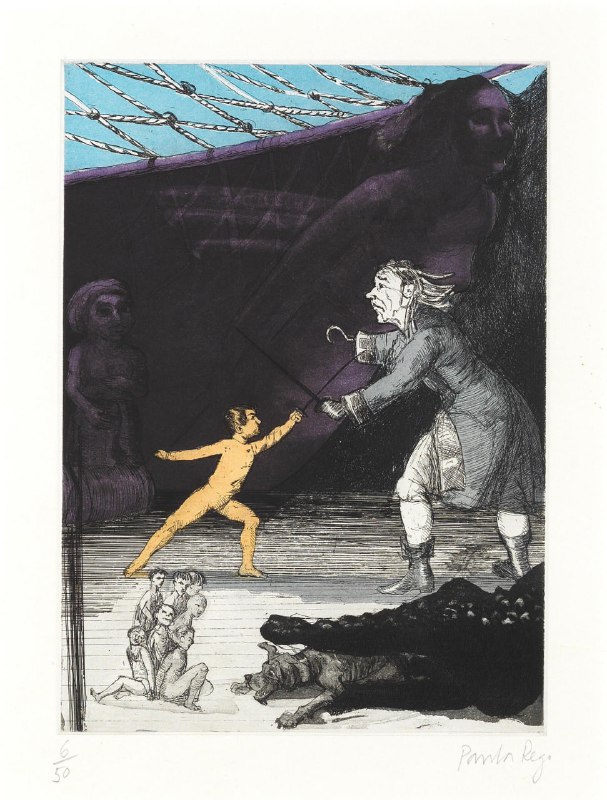 Офортная иллюстрация с театральной сценой и фигурой ребёнка — декоративный отрывок, подходит как оформление сказочной повести «Питер Пэн» Дж. М. Барри.