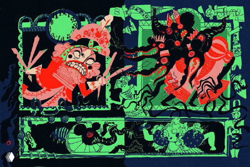 Яркая контрастная цветная композиция с фантастическими существами и динамичным рисунком — возможная иллюстрация к балету или сказке «Щелкунчик» Андерсена в подарочном издании.