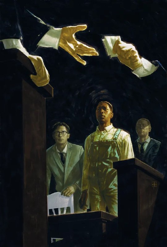 Мрачная живописная сцена зала суда с центральной фигурой и наблюдающими — атмосферная иллюстрация к роману «Убить пересмешника» Харпер Ли в коллекционном оформлении.