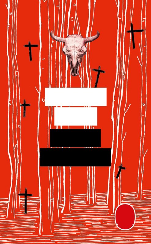 Красная обложка с черепом рогатого животного и стилизованными крестами; резкий контраст и мрачная графика.