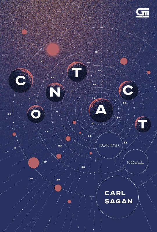 Обложка книги «Contact» (Карл Саган): графический дизайн с круговой схемой и точками, намёк на радиосигналы и космический контакт.