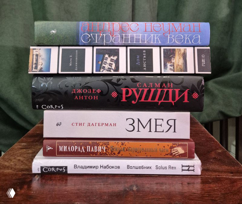 Стопка книг с видимыми именами авторов: Набоков, Рушди, Павич — фото демонстрирует состав лота для покупателей.