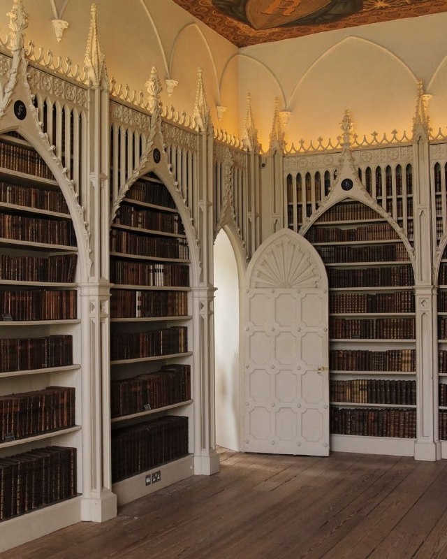Высокие книжные полки с кожаными переплетами в неоготической галерее Strawberry Hill House — декоративные арки и деревянное оформление.
