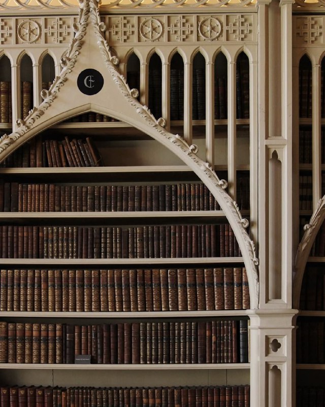 Крупный план книжных полок и декоративной арки внутри библиотеки Strawberry Hill House: старые тома и тонкая неоготическая резьба.
