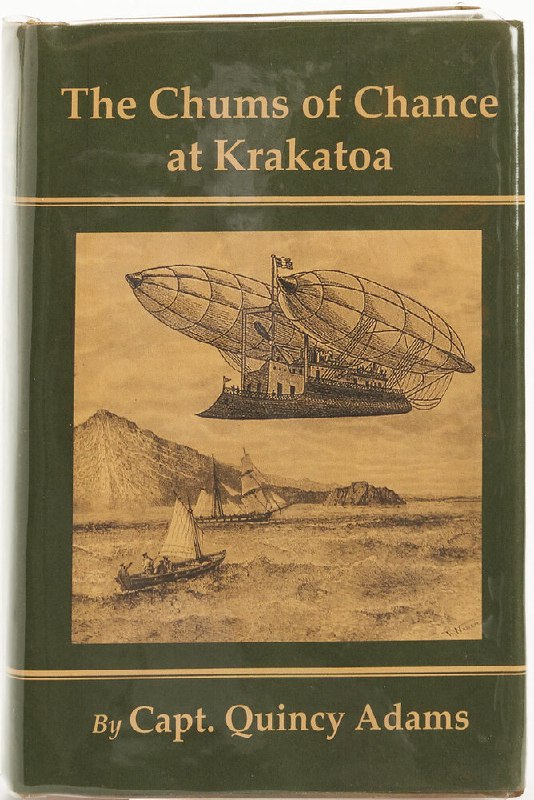 Зелёно-коричневый переплёт с изображением дирижабля и подписью «The Chums of Chance at Krakatoa», стилизация под книгу из романа Томаса Пинчона.