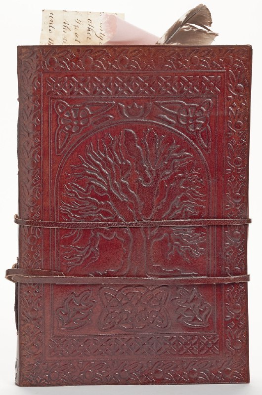 Резной кожаный блокнот с тиснёной корой дерева на обложке и ремешком; стилизация под автобиографическую поэму и древние манускрипты.