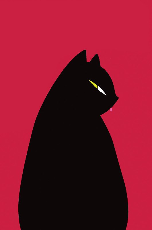 Графическая обложка: чёрный силуэт кошки на контрастном красном фоне, лаконичный и выразительный образ, подчёркивающий драматизм содержания книги.