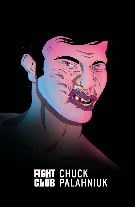 Обложка романа «Fight Club» Чака Паланика: иллюстрация лица и темный фон, минималистская композиция в стиле графической новеллы.