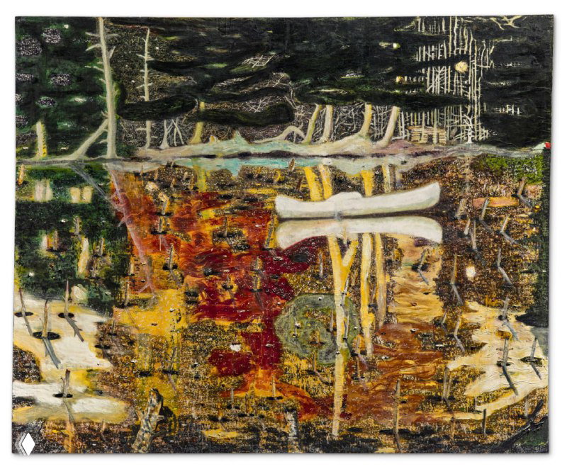 Фрагмент картины Питера Дойга: белое каноэ на текстурированном фоне, тёплые и тёмные мазки создают напряжённую поверхность холста.