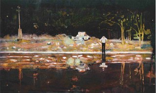 Панорамный пейзаж с отражениями на воде, приглушённые ночные тона и сложная масляная фактура, характерная для работ Дойга.