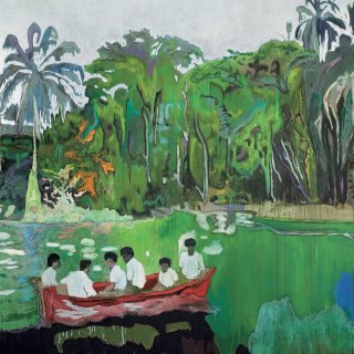 Тропический пейзаж с группой людей в лодке на зелёном водоёме; широкие мазки и экспрессивная передача растительности, яркая палитра.