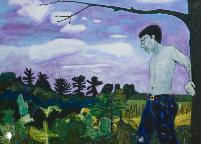 Фигура человека на фоне ландшафта с сиреневым небом и детализированным лесом; напряжённая композиция и выразительная манера письма.