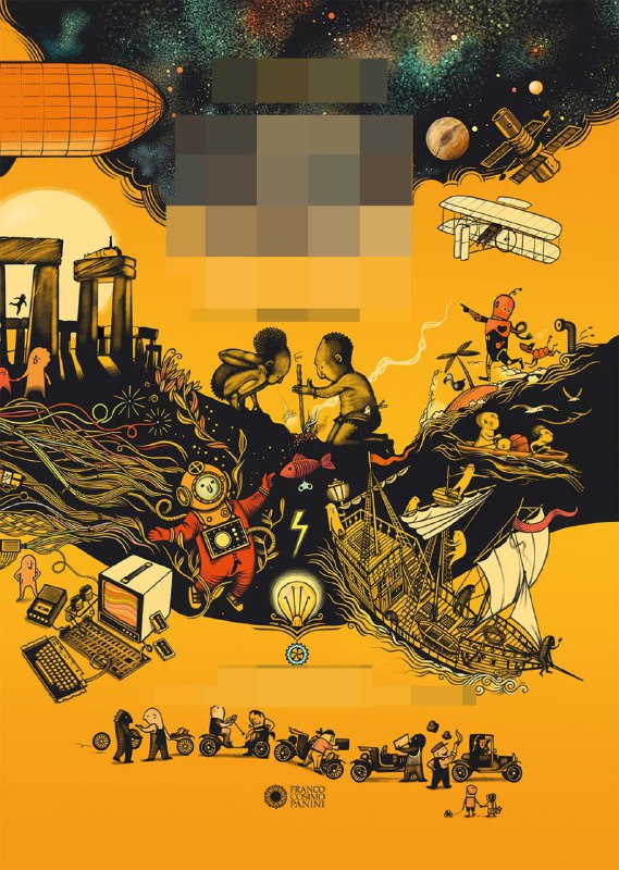 Яркая желтая обложка‑коллаж с космическими элементами, персонажами и ретро‑иллюстрациями; насыщенный визуальный рассказ о путешествиях и открытиях.