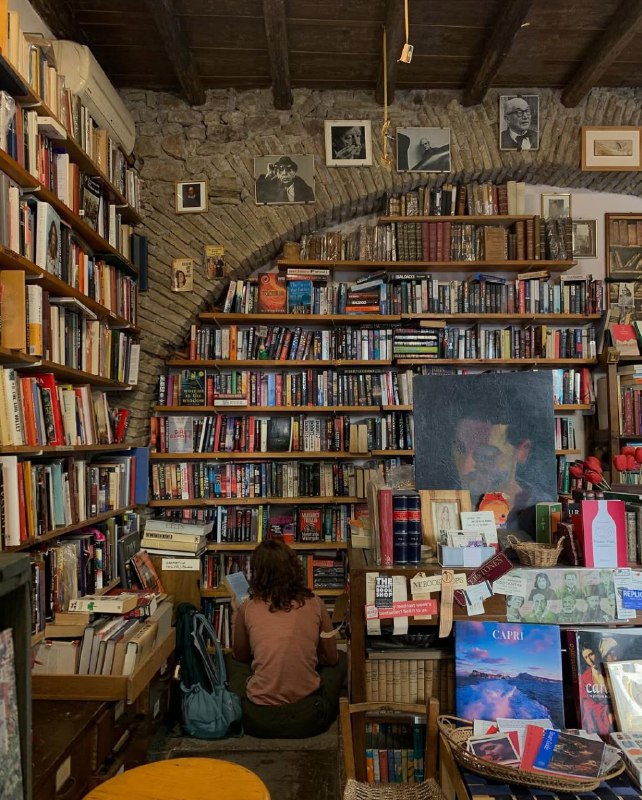 Стена с высокими полками и многочисленными переплетами, посетитель сидит у полок — мягкий свет и ориентированная на чтение, интимная атмосфера магазина Open Book.