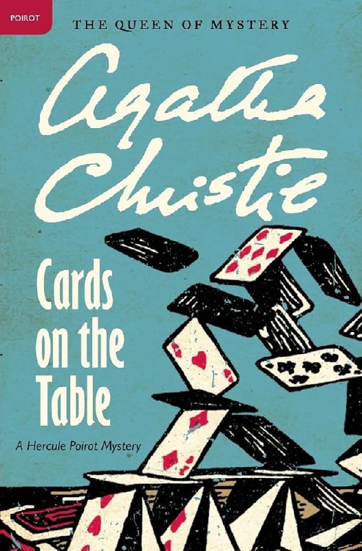 Винтажная обложка Agatha Christie «Cards on the Table» с изображением карт, летящих в воздухе, и ретро-иллюстрацией — классический детектив в карточной теме.