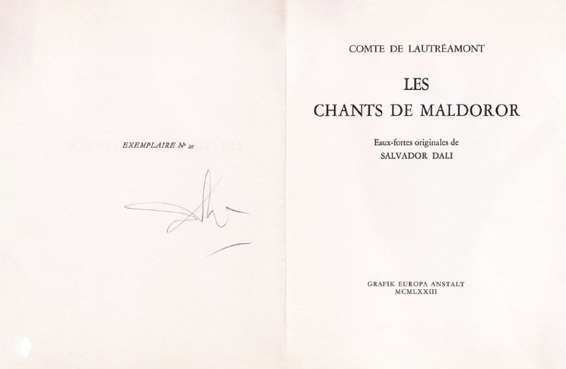 Титульный разворот альбома «Les Chants de Maldoror»: страница с названием и пометкой об иллюстрациях Сальвадора Дали, виден отпечаток подписи.