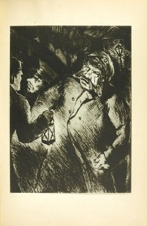 Чёрно-белая иллюстрация из тома «Бесы»: драматическая сценическая композиция с тёмными контрастными штрихами, типичная для иллюстраций того времени.