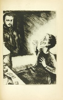 Иллюстрация крупным планом: эмоциональная поза женщины на переднем плане и тёмная фигура позади — графическая манера исполнения внутри издания.