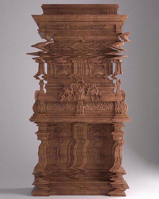 Вертикальная композиция резной деревянной структуры, где детали архитектурного орнамента кажутся цифрово смещёнными и «волнистыми», создавая эффект глитча.