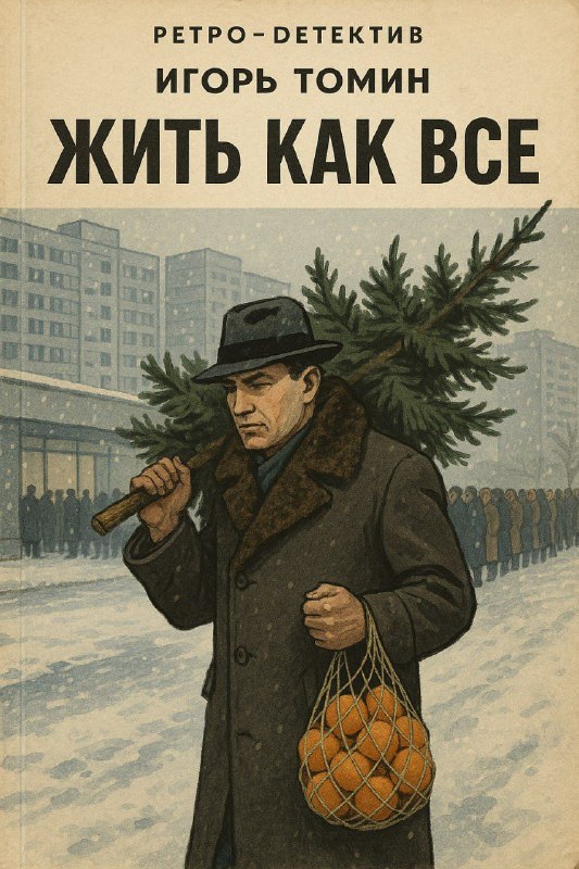 Обложка ретро-детектива: мужчина в пальто и шляпе несёт ёлку и мешок апельсинов на фоне хрущёвок, городская зимняя сцена в советском стиле.
