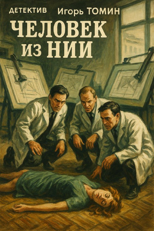 Обложка детектива «Человек из НИИ»: трое мужчин в белых халатах наклоняются над фигурой на полу в лабораторном или производственном помещении, напряжённая сцена.