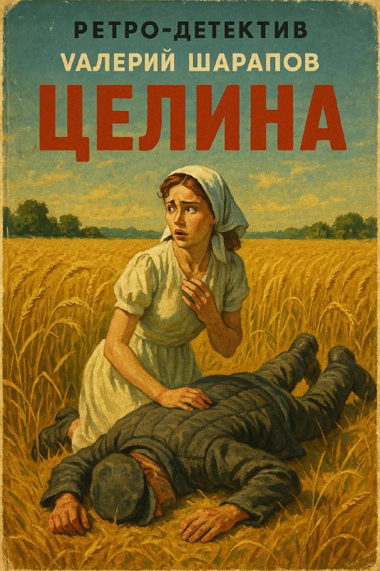Обложка ретро-детектива «Целина»: женщина в платке стоит на поле колосьев рядом с поваленным мужчиной, сельский пейзаж в стиле советской иллюстрации.