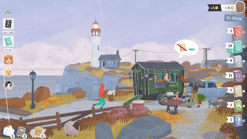 Скриншот игрового мира: прибрежный пейзаж, маяк и передвижная книжная лавка на берегу — вид, подчёркивающий атмосферу небольшого городка у моря.